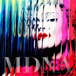 Close-up of Madonna in front of a colorful background. The deluxe cover of the album is distorted through the use of a glass-pane like filter, giving it a wavy appearance. The 12 layers of colours symbolizes her twelfth album in her career.