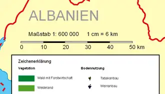 Image 9A bar scale with the nominal scale expressed as "1:600 000", meaning 1 cm on the map corresponds to 600,000 cm=6 km on the ground. (from Scale (map))