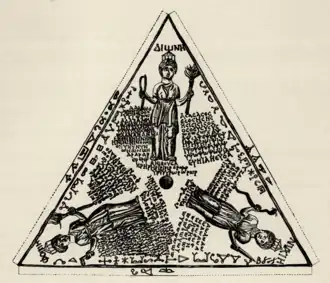 Flat, triangular object depicting three goddesses, with numerous inscriptions