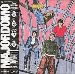 An illustration of the four band members posed in different fashions, all looking at the camera. Behind them is purple framing that one of the members is hanging from their hands on. On the left hand side is a black strip featuring the album title in block letters, the band name and the dictionary definition of a majordomo.