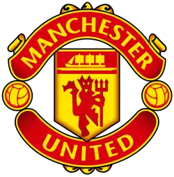 The words "Manchester" and "United" surround a pennant featuring a ship in full sail and a devil holding a trident.