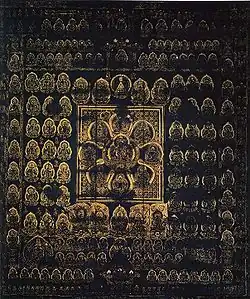 A large number of golden deities arranged in regular fashion on a dark-blue background. The deity in the center is surrounded by eight deities arranged like petals. These nine deities in flower-shape are surrounded by a square.