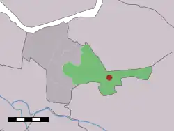 The village (dark red) and the statistical district (light green) of 't Woud in the municipality of Nijkerk.