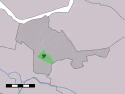The village centre (dark green) and the statistical district (light green) of Nijkerkerveen in the municipality of Nijkerk.