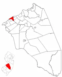 Location of Delanco Township in Burlington County highlighted in red (right). Inset map: Location of Burlington County in New Jersey highlighted in red (left).