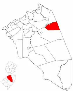 New Hanover Township highlighted in Burlington County. Inset map: Burlington County highlighted in the State of New Jersey.