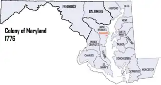 Map of the Province of Maryland in 1776; many Palatines settled in Western Maryland.