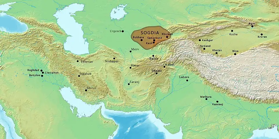 Sogdiana, located in Central Asia north of the Sassanid states. Silk was also produced in the Kingdom of Khotan (east of Sogdiana) at this time, and in the Indian subcontinent, east of the Sassanid Empire