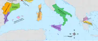 Location of the Principality of Catalonia (light green, at the left) in a diachronic map of the Mediterranean dominions of the Crown of Aragon