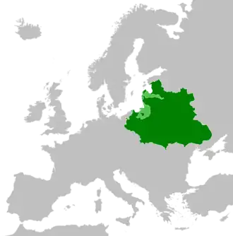 The Polish–Lithuanian Commonwealth (green) and its vassal states (light green) in 1619