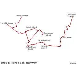 Map of tram system in Baku in the 1980s
