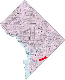 Map of Washington, D.C., with Shipley Terrace highlighted in red.