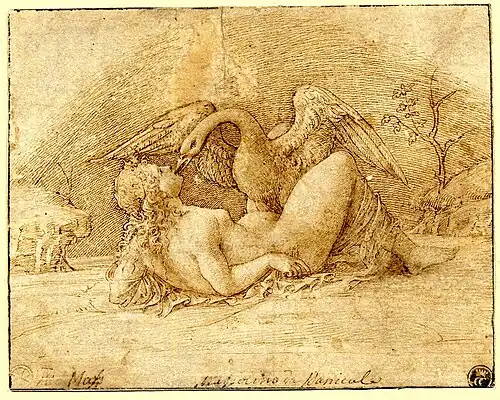 Leda and the Swan, Maracantonio Raimondi. Pen and chalk drawing. British Museum, London. 1500 to 1505