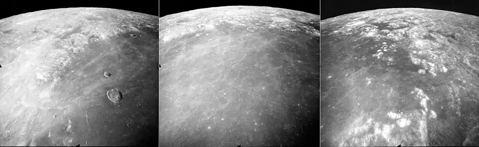 These are three views of northern Mare Crisium on the Moon, taken by the mapping camera of the Apollo 17 mission in 1972, facing north-northeast from an average altitude of 118&nbsp;km on Revolution 27 of the mission. At the right is the east margin of Mare Crisium, with the north tip of Promontorium Agarum visible in the foreground, and Mare Anguis near the central horizon. The crater Eimmart is visible in both the right and central photos as a bright patch (near the top in each). The center photo shows an obvious lack of large craters in the mare indicating a relatively young age of the basalt, and the crater Eimmart C is visible as a ring at the edge of the mare near the top center. The left photo shows the western margin of the mare, with the crater Peirce (larger) and Swift (smaller) in the mare, and the large crater Cleomedes near the central horizon. The rays of the crater Proclus (further to the west, not shown) are prominent in the mare. These photos were taken within minutes of each other. The sun elevation drops from 60 degrees at right to 46 degrees at left as the Command Module America orbited the Moon.