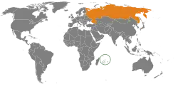 Map indicating locations of Mauritius and Russia