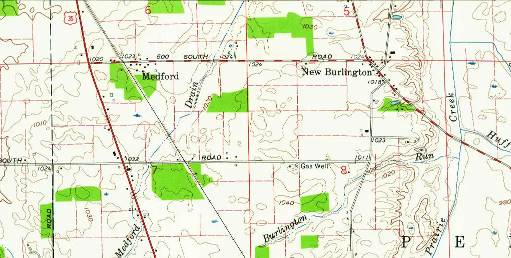 Excerpt from 1960 USGS map showing Medford and New Burlington, Indiana.
