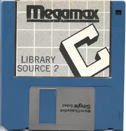 A scan of the 400K floppy disk containing the standard library source code disk for the Megamax C compiler for Macintosh.