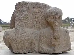 Damaged statue of Ramses II with Ptah; 1292–1189 BC; granite; Memphis open-air museum (Egypt)