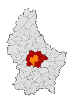 Map of Luxembourg with Mersch highlighted in orange, and the canton in dark red