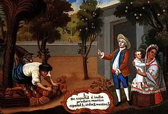 De español e india, produce mestizo (From a Spanish man and an indigenous woman, a Mestizo is produced), c. 1780. Unknown.