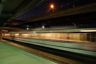 MetroLink passing through the East Riverfront station