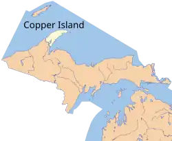 Copper Island is on Lake Superior, separated from the rest of the Keweenaw Peninsula by Portage Lake and the Keweenaw Waterway