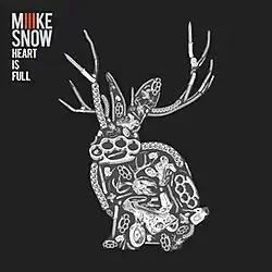 A single cover with a black background and a jackalope made up out of various items, including brass knuckles and chains, in the center, and the words 'Miike Snow' and 'Heart Is Full' written in the top left corner.