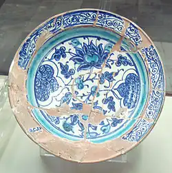 Miletus ware showing a red body covered by white slip, then painted in blue, c. 1400, Turkey