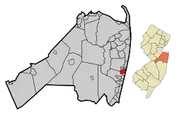 Location of Asbury Park in Monmouth County highlighted in red (left). Inset map: Location of Monmouth County in New Jersey highlighted in orange (right). Interactive map of Asbury Park, New Jersey