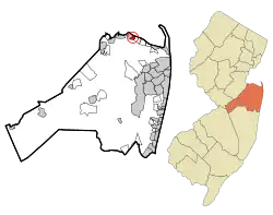 Location of North Middletown in Monmouth County circled and highlighted in red (left). Inset map: Location of Monmouth County in New Jersey highlighted in orange (right).