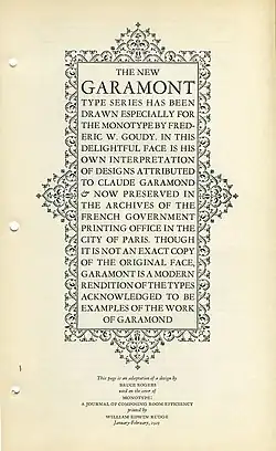 The American Monotype's Garamont specimen, showing the capitals.