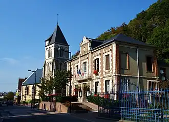 The town hall and church in Montfort-sur-Risle