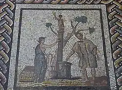 Scene of two people offering sacrifices to the wheel god (wheel in one hand, thunderbolt in the other) on a mosaic from Saint-Romain-en-Gal.