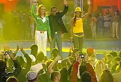The final line-up of Mr. President, featuring (from left to right) Franzi, LayZee and Lady Danii, perform Coco Jamboo at Hit Giganten, 2004