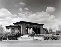 a black and white photograph of the Mt. Echo Pavilion.
