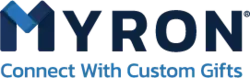 The text "MYRON" in blue with "Connect with custom gifts"
