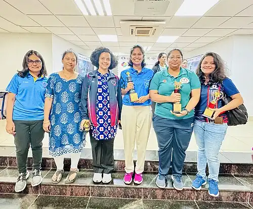 Multiple National Women Chess Championship winners over the years, clicked during the closing ceremony of the 50th National Women Chess Championship- 2024. Left to Right- Nisha Mohota, Swati Ghate, Padmini Rout, P. V. Nandhidhaa, Mary Ann Gomes and Bhakti Kulkarni