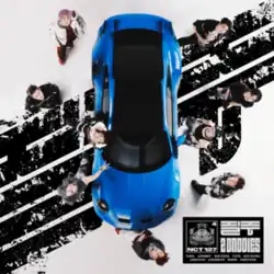 A photo from above of a blue sports car with the band members stood around it looking up at the camera