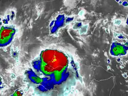 An infrared satellite image of Hurricane Nana at peak intensity making landfall in Belize on September 3, 2020.