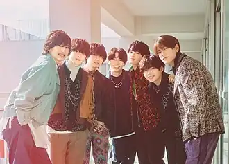 Naniwa Danshi members from left to right: Shunsuke Michieda, Kazuya Ohashi, Ryusei Onishi, Joichiro Fujiwara, Daigo Nishihata, Kento Nagao, and Kyohei Takahashi.