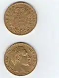 A 20 franc piece from 1857; portrait of Napoleon III