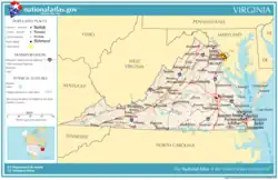 Map of Virginia with major highways running mostly north–south across it, with several connected. Major cities are marked on it, as are the neighboring states.
