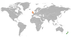 Map indicating locations of New Zealand and United Kingdom