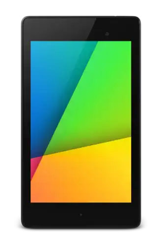 Front view of computer tablet in portrait position. The screen is on, displaying a colorful background.