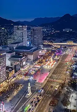 The square in 2024. The statue of Admiral Yi Sun-sin is at the bottom, the statue of King Sejong the Great near the centre-right, Gyeongbokgung to the right, and the Blue House just above it.