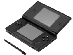A Nintendo DS Lite with its stylus