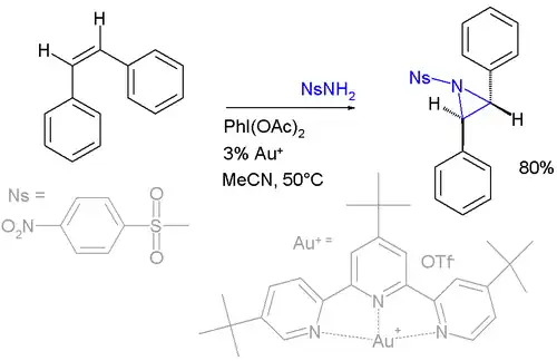 Nitrene precursor p-nosylamine is oxidized by iodosobenzene diacetate, then undergoes nitrene transfer to cis- or trans-stilbene, catalyzed by gold and a tridentate terpyridine ligand