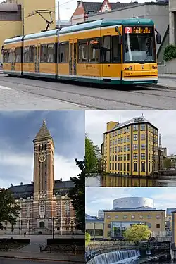 Clockwise from top: Norrköping tram, Strykjärnet, Louis de Geer concert & congress, Norrköping town hall