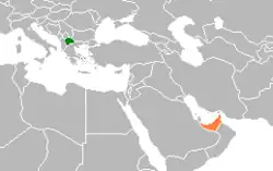 Map indicating locations of North Macedonia and United Arab Emirates