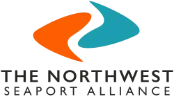 The logo of the Northwest Seaport Alliance, composed of two boomerang-like shapes colored orange and blue